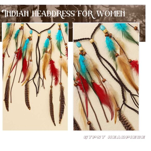 Boho Feather Headband Women Girls Adjustable Gypsy Costume Accessory - Picture 6 of 7